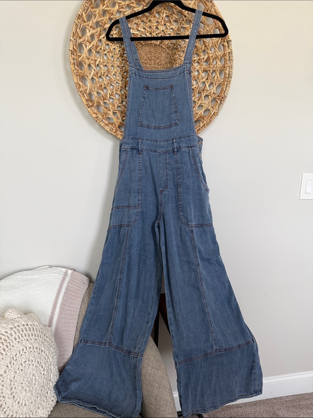 easel Wide-Leg Denim Overalls in Medium Blue